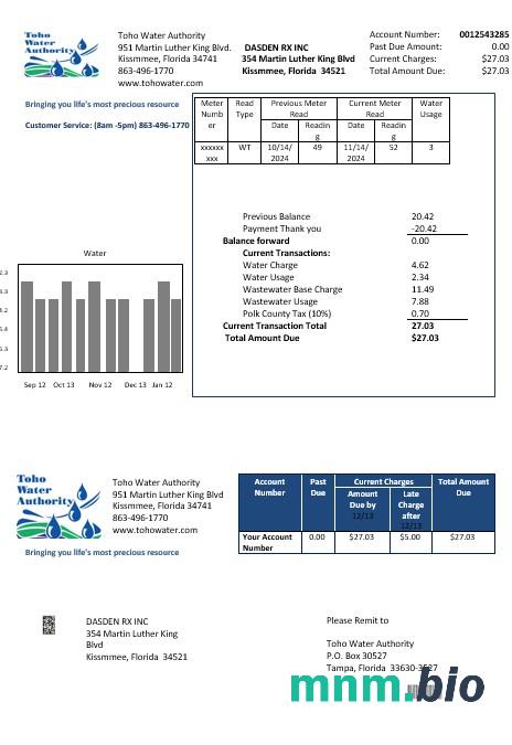 Szablon rachunku za media Biznesowe w USA Florida Toho Water Authority w formatach Word i PDF